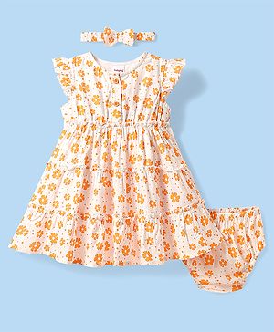 Babyhug Rayon Woven Frill Sleeves Floral Printed Frock With Bloomer & Headband - Orange & White