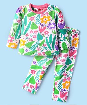 Babyhug Cotton Knit Full Sleeves Co-Ord Nightsuit with Floral Print - White & Light Green