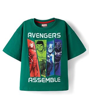Pine Kids Marvel Single Jersey Knit Half Drop Shoulder Sleeves Oversized T-Shirt with Avengers Graphics - Green