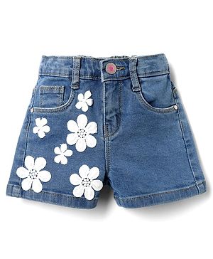 Babyhug Mid Thigh Denim Shorts with Floral Applique - Light Blue
