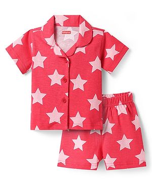 Babyhug Cotton Knit Half Sleeves Shorts Co-Ord Night Suit With Star Print - Red