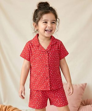 Babyhug Cotton Knit Half Sleeves Shorts Co-Ord Night Suit With Polka Dot Print - Red