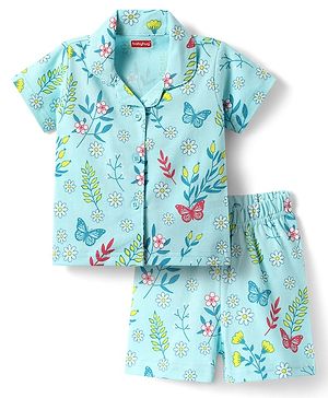 Babyhug Cotton Knit Half Sleeves Shorts Co-Ord Night Suit With Floral & Butterfly Print - Light Blue