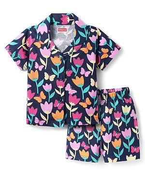 Babyhug Cotton Knit Half Sleeves Shorts Co-Ord Night Suit With Floral Print - Navy Blue
