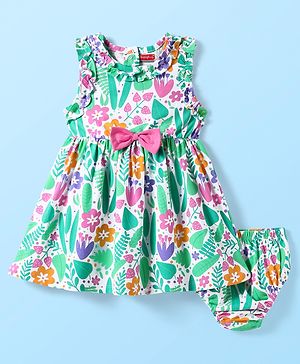 Babyhug Single Jersey Knit Sleeveless Floral Printed Frock With Bow Applique & Bloomer - Multicolor