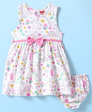 Babyhug Single Jersey Knit Sleeveless Floral & Animal Printed Frock With Bow Applique & Bloomer - White