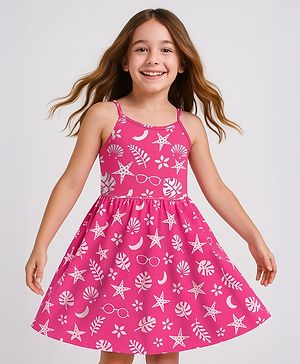 Pine Kids Cotton Knit Sleeveless Frock with Tropical Theme Print - Dark Pink