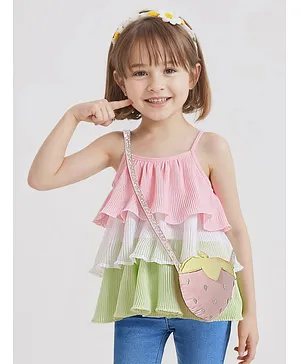 Little Kangaroos Woven Sleeveless
                              Layered Party Top With Color Block Design
                              & Sling Bag - Pink