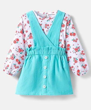 Babyhug Cotton Woven Frock & Full Peasant Sleeves Inner Tee with Floral Print - White & Aqua Blue