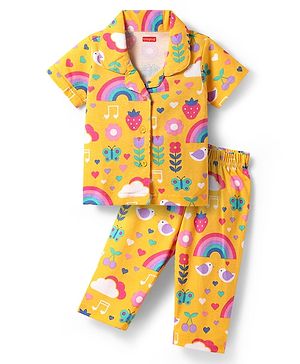 Babyhug Cotton Knit Half Sleeves Co-ords Front Open Night Suit with Tropical Theme Print - Yellow