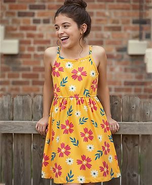 Pine Kids Cotton Knit Sleeveless Frock with Floral Print - Yellow