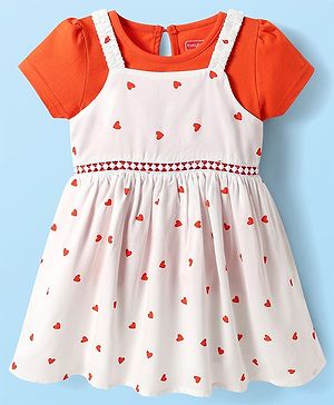 Babyhug Cotton Woven Hearts Printed Frock with Half Sleeves Inner Tee - White & Orange