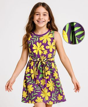Pine Kids Cotton Knit Sleeveless Frock With Floral Print & Belt - Violet