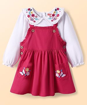 Babyhug 100% Cotton Full Sleeves Floral & Butterfly Embroidered Frock With Inner Tee - Dark Pink & White