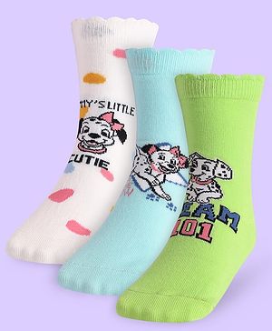 Cute Walk By Babyhug Non Terry Knit Anti Bacterial Socks With Dalmatians Graphics Pack Of 3 - White Light Blue & Light Green