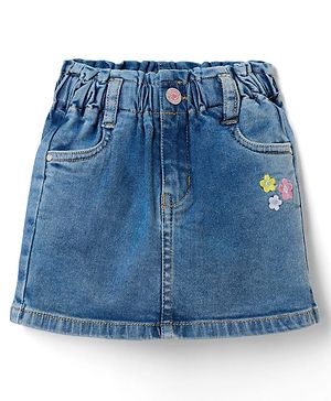 Babyhug Mid Thigh Denim Skirt with Floral Embroidery - Blue