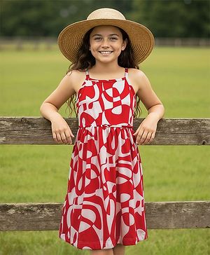 Pine Kids Cotton Knit Sleeveless Printed Frock - Red