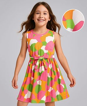 Pine Kids Cotton Knit Sleeveless Printed Frock With Belt - Multicolor