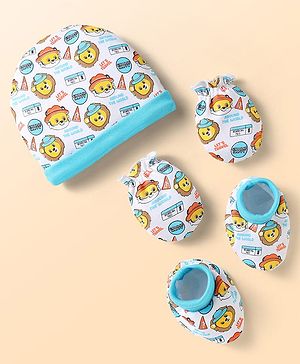 Babyhug 100% Cotton Interlock Knit Cap Mittens & Booties With Animal Print Light Blue - Diameter 10 cm