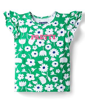 Pine Kids Cotton Knit Frill Sleeves Top With Floral Print - Green