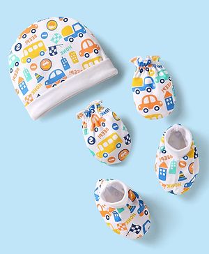 Babyhug 100% Cotton Knit Cap Mittens & Booties Set with Vehicle Print White - Diameter 10 cm