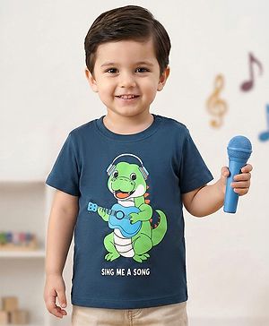 Babyhug Cotton Knit Half Sleeves T-Shirt with Dino Print - Navy Blue