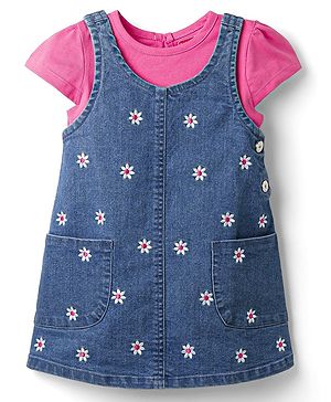 Babyhug Cotton Woven Half Sleeves T-Shirt & Frock with Floral Embroidery - Dark Pink & Blue