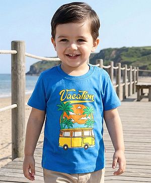 Babyhug Cotton Knit Half Sleeves T-Shirt with Beach Theme Print - Blue