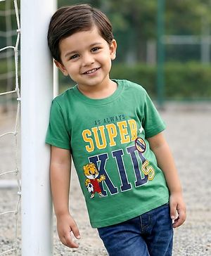 Babyhug Cotton Knit Half Sleeves T-Shirt With Super Kid Text Print - Green
