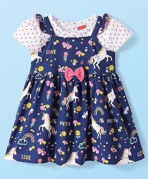 Babyhug Cotton  Woven Half Sleeves Inner T-Shirt & Frock with Unicorn Print & Bow Applique - Blue & White