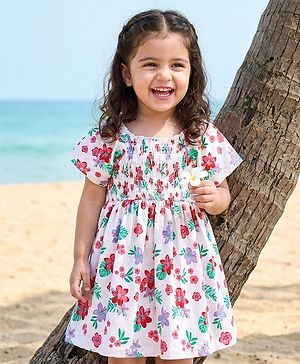 Babyhug Single Jersey Knit Half Sleeves Frock With Floral Print & Smock Detailing - White