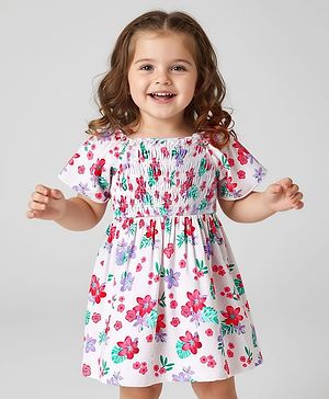 Babyhug Single Jersey Knit Half Sleeves Frock With Floral Print & Smock Detailing - White