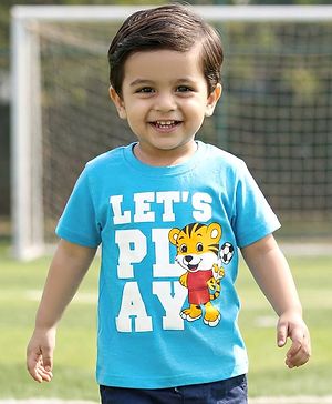 Babyhug Cotton Knit Half Sleeves T-Shirt With Animal & Play Like Text Print -  Light Blue
