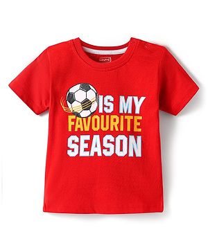 Babyhug Cotton Knit Half Sleeves T-Shirt With Its My Favourite Season Text Print - Red
