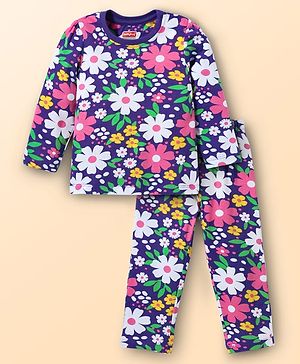 Babyhug Cotton Knit Full Sleeves Co-ords Night Suit with Floral Print - Purple