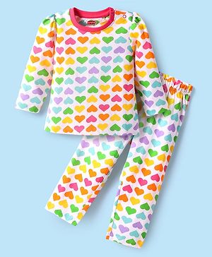 Babyhug Cotton Knit Full Sleeves Co-Ord Nightsuit with Heart Print - White