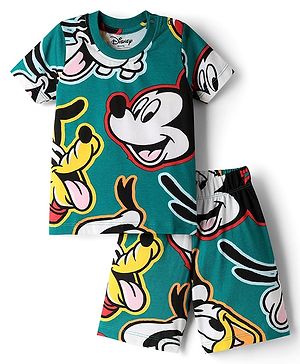 Babyhug Disney Single Jersey Knit Half Sleeves Co-ords Shorts Night Suit with Mickey & Friends Graphics - Green