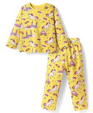 Babyhug Cotton Knit Full Sleeves Co-ords Night Suit with Unicorn & Rainbow Print - Yellow