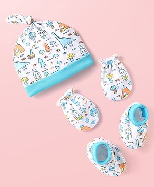 Babyhug 100% Cotton Cap Mittens & Booties With Tropical Theme Print Light Blue - Diameter 10.5 cm