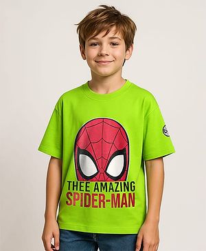Pine Kids Marvel Single Jersey Knit  Oversized Drop Shoulder Half Sleeve T-Shirt With Badge Detaling And Spider-Man Graphics - Neon Green