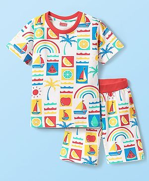 Babyhug Cotton Knit Half Sleeves Shorts Night Suit With Fruit & Boat Print - White