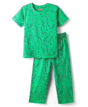 Babyhug Cotton Knit Half Sleeves Co-Ord Night Suit with Dino Print - Light Green