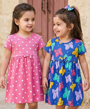 Babyhug Single Jersey Knit Half Sleeves Frocks with Hearts & Bow Print Pack of 2 - Pink & Blue