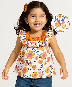 Babyhug Rayon Woven Frill Sleeves Floral Printed Top with Chifilli Detailing - White