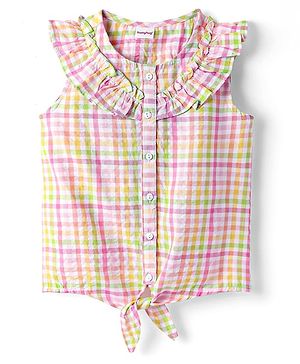Babyhug Seer Sucker Woven Frill Sleeves Knotted Top with Checks - Multicolor