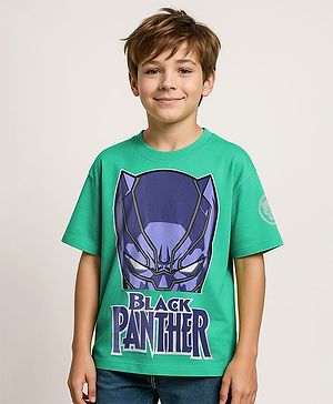 Pine Kids Marvel Single Jersey Knit Half Drop Shoulder Sleeves Oversized T-Shirt with Black Panther Graphics & Badge Detailing - Mint