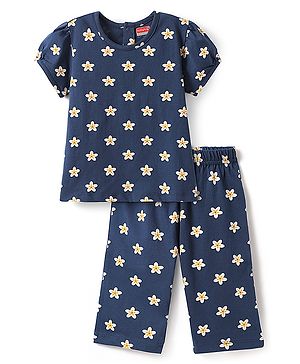 Babyhug Cotton Knit Half Sleeves Co-ord Capri Night Suit with Star Print - Navy Blue