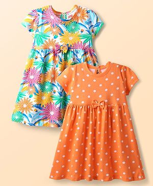 Babyhug Single Jersey Knit Half Sleeves Frocks with Polka Dot & Floral Print & Bow Applique Pack of 2 - Orange & Light Green