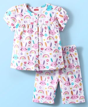 Babyhug Cotton Knit Half Sleeves Capri Co-Ord Night Suit with Animal & Rainbow - White