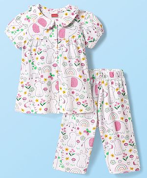 Babyhug Cotton Knit Half Sleeves Front Open Co-ords Peter Pan Collared Capri Night Suit with Jungle Theme Printed - White